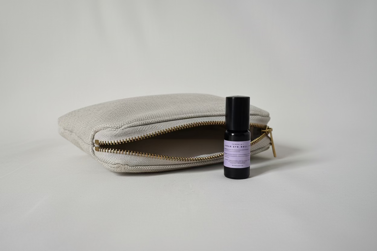Small black bottle with a purple label on white background sitting next to a natural cotton travel pouch