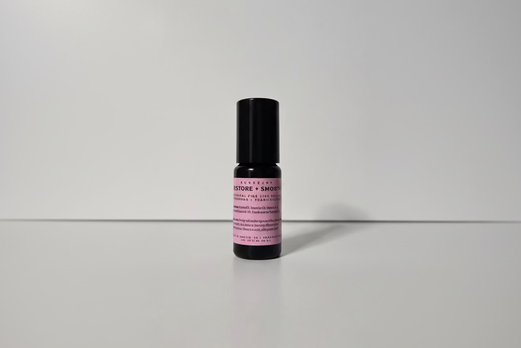 Small black bottle with pink label on a white background