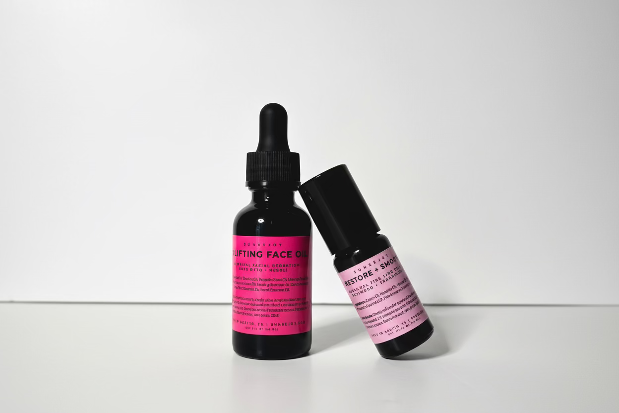 Two skincare products with pink labels on a white background