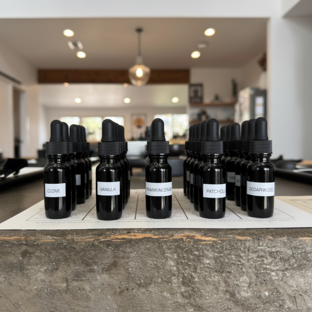 Row of black dropper bottles with labels on a countertop in a room.
