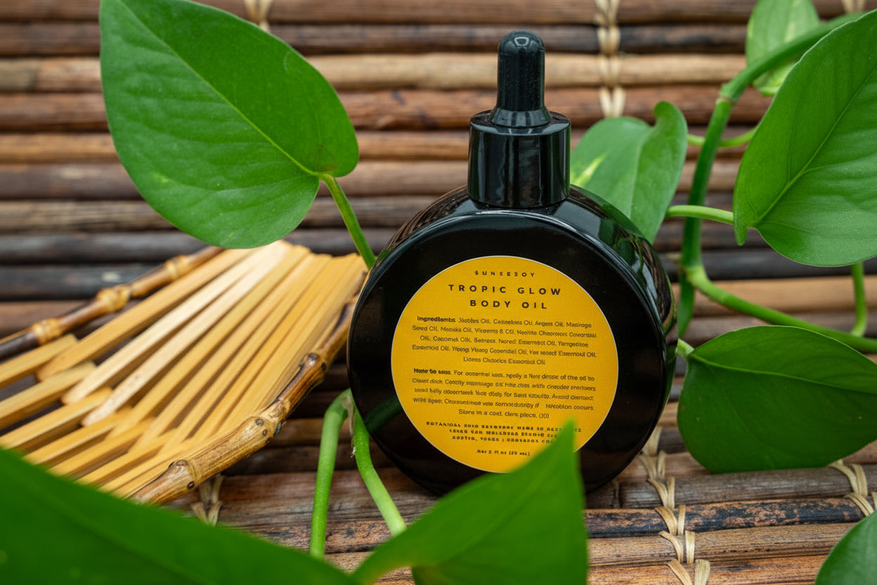 Tropic Glow body oil bottle with a yellow label on a bamboo mat background