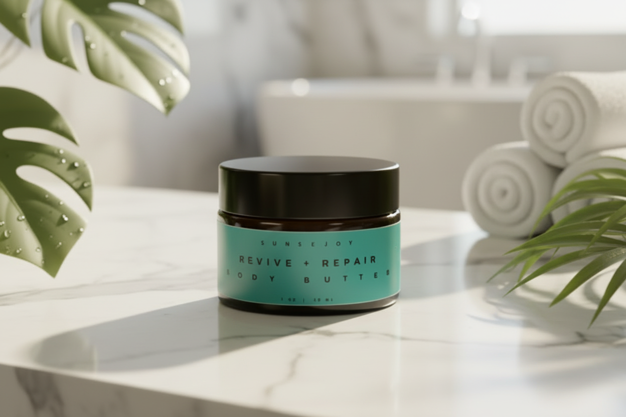 Black jar with a green label and a black lid on a marble surface surrounded by plants