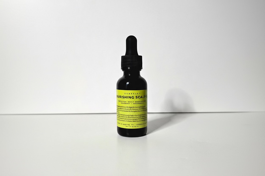 Bottle of nourishing scalp serum with dropper on a white background