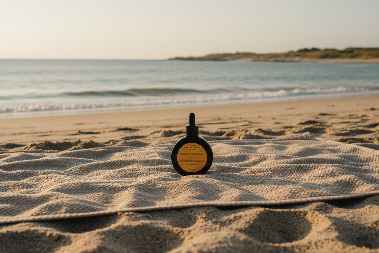 Black glass dropper bottle with orange label and ocean background 