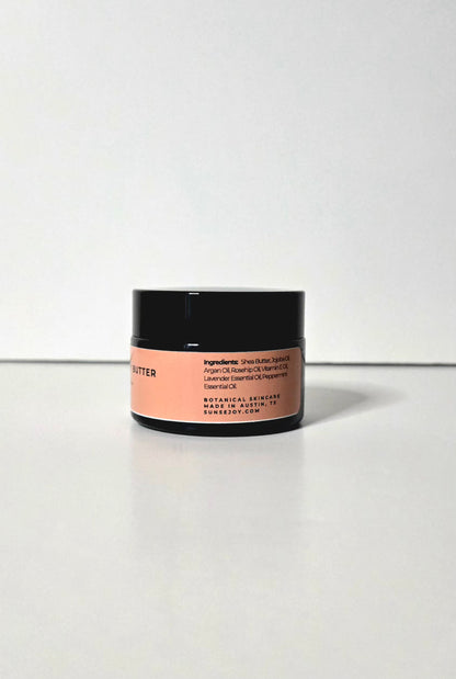 Cosmetic jar with a pink label on a white background